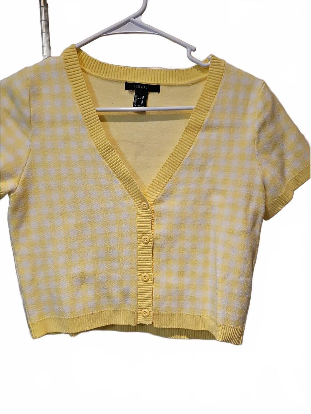 Forever 21 Yellow & White Checkered Cardigan Sweater Womens M Cropped